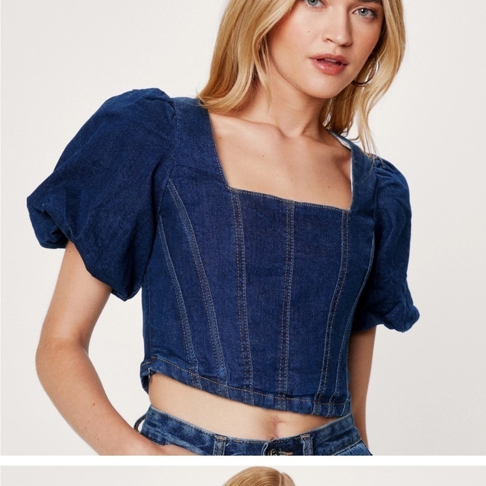 Nasty Gal Denim Puff Sleeve Corset Top Sz 8 EUC